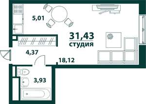 1-к квартира, строящийся дом, 31м2, 20/24 этаж