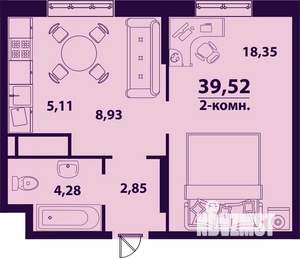 2-к квартира, строящийся дом, 40м2, 21/24 этаж