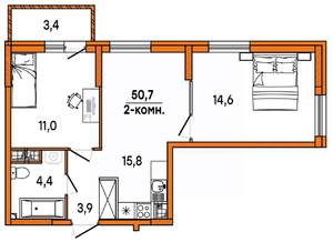 2-к квартира, вторичка, 51м2, 12/16 этаж