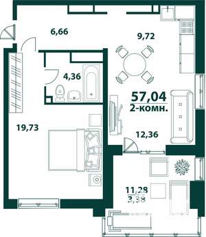 2-к квартира, строящийся дом, 57м2, 14/24 этаж