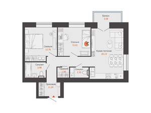 2-к квартира, строящийся дом, 65м2, 6/9 этаж