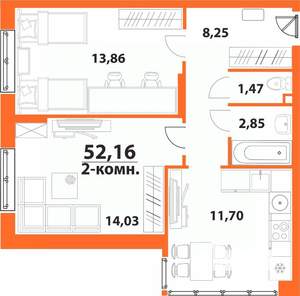 2-к квартира, строящийся дом, 52м2, 21/24 этаж