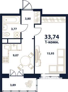 1-к квартира, строящийся дом, 34м2, 11/16 этаж