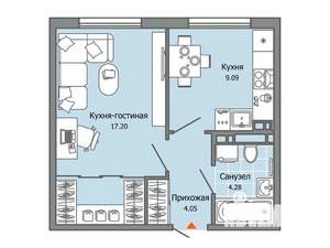 1-к квартира, строящийся дом, 35м2, 5/9 этаж