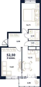 2-к квартира, строящийся дом, 53м2, 14/16 этаж