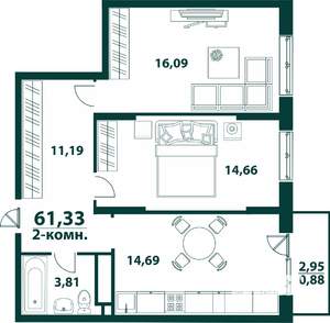 2-к квартира, строящийся дом, 61м2, 13/24 этаж