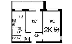 2-к квартира, вторичка, 46м2, 8/12 этаж
