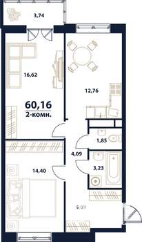 2-к квартира, строящийся дом, 60м2, 10/16 этаж