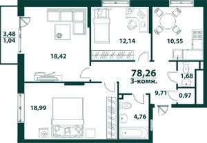 3-к квартира, строящийся дом, 78м2, 18/24 этаж