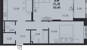 2-к квартира, сданный дом, 63м2, 13/24 этаж