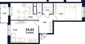 2-к квартира, строящийся дом, 55м2, 1/16 этаж