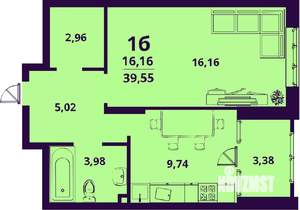 1-к квартира, строящийся дом, 40м2, 24/24 этаж
