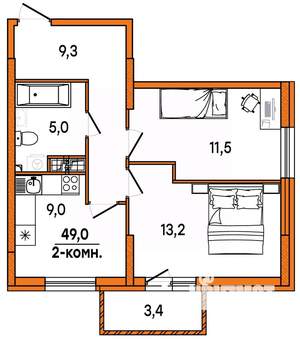 2-к квартира, строящийся дом, 49м2, 14/16 этаж
