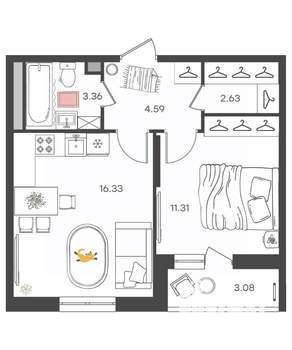 2-к квартира, вторичка, 38м2, 9/16 этаж