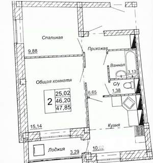 2-к квартира, вторичка, 46м2, 3/18 этаж