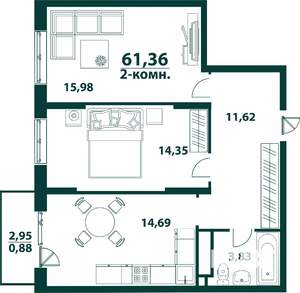 2-к квартира, строящийся дом, 61м2, 4/24 этаж