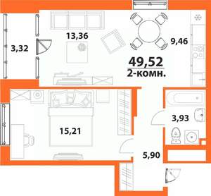 2-к квартира, строящийся дом, 50м2, 23/24 этаж
