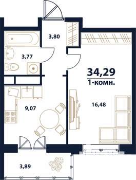 1-к квартира, строящийся дом, 34м2, 1/16 этаж