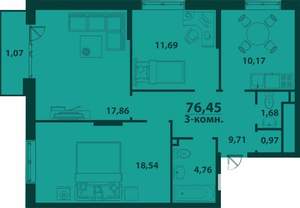 3-к квартира, строящийся дом, 76м2, 24/24 этаж