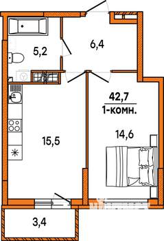 1-к квартира, строящийся дом, 43м2, 13/16 этаж