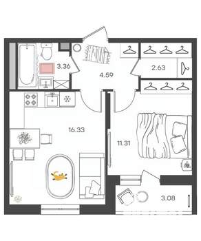2-к квартира, вторичка, 38м2, 7/16 этаж