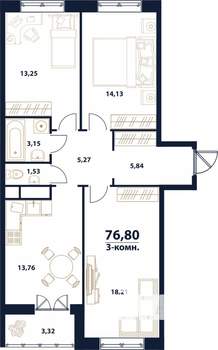 3-к квартира, строящийся дом, 77м2, 7/16 этаж