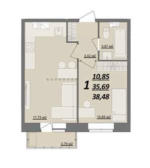 1-к квартира, сданный дом, 38м2, 7/10 этаж