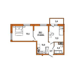 2-к квартира, строящийся дом, 51м2, 7/16 этаж
