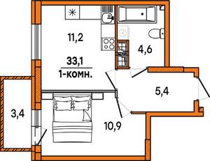 1-к квартира, строящийся дом, 33м2, 5/16 этаж