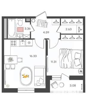 2-к квартира, вторичка, 40м2, 9/16 этаж