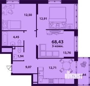 3-к квартира, строящийся дом, 68м2, 17/24 этаж