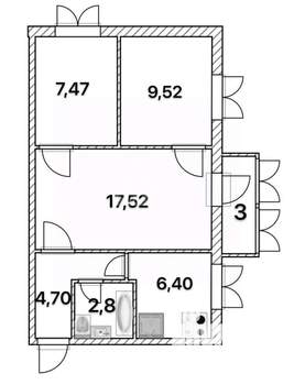 3-к квартира, вторичка, 49м2, 2/5 этаж