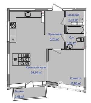 1-к квартира, строящийся дом, 52м2, 5/9 этаж