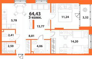 3-к квартира, строящийся дом, 64м2, 24/24 этаж