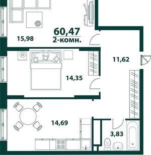 2-к квартира, вторичка, 60м2, 2/24 этаж