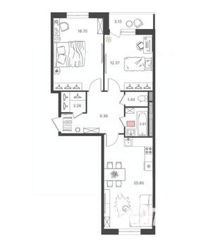 3-к квартира, вторичка, 66м2, 4/16 этаж