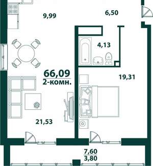 2-к квартира, вторичка, 66м2, 13/24 этаж