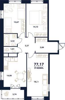 3-к квартира, строящийся дом, 77м2, 5/16 этаж