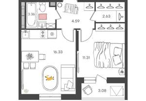 2-к квартира, вторичка, 38м2, 9/16 этаж
