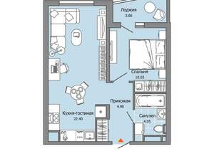 1-к квартира, вторичка, 43м2, 2/12 этаж
