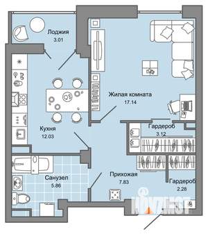 1-к квартира, вторичка, 50м2, 7/14 этаж