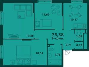 3-к квартира, строящийся дом, 75м2, 2/24 этаж