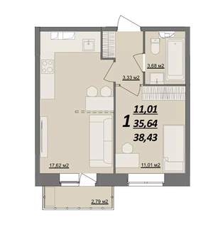 1-к квартира, сданный дом, 38м2, 7/10 этаж