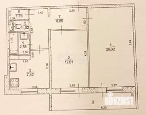 2-к квартира, вторичка, 53м2, 1/9 этаж