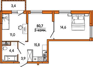 2-к квартира, строящийся дом, 51м2, 14/16 этаж