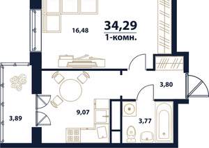 1-к квартира, вторичка, 34м2, 1/16 этаж