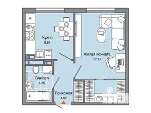 1-к квартира, строящийся дом, 34м2, 6/7 этаж