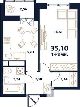 1-к квартира, строящийся дом, 35м2, 13/16 этаж