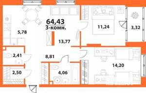 3-к квартира, строящийся дом, 64м2, 19/24 этаж