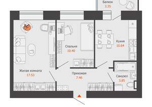 2-к квартира, вторичка, 51м2, 8/9 этаж
